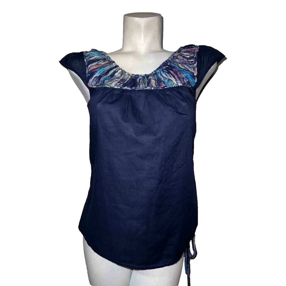 Lucky Brand Womens Navy Blue‎ Cotton Ribbon Trim Scoop Neck Cap Sleeve Blouse S